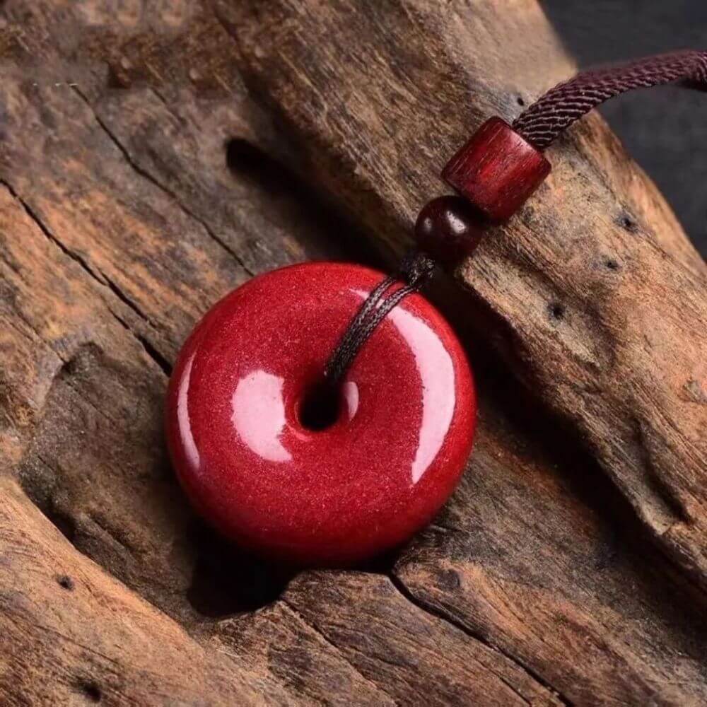 Cinnabar Peace Buckle Pendant "Ping An Kou" With Red Cord