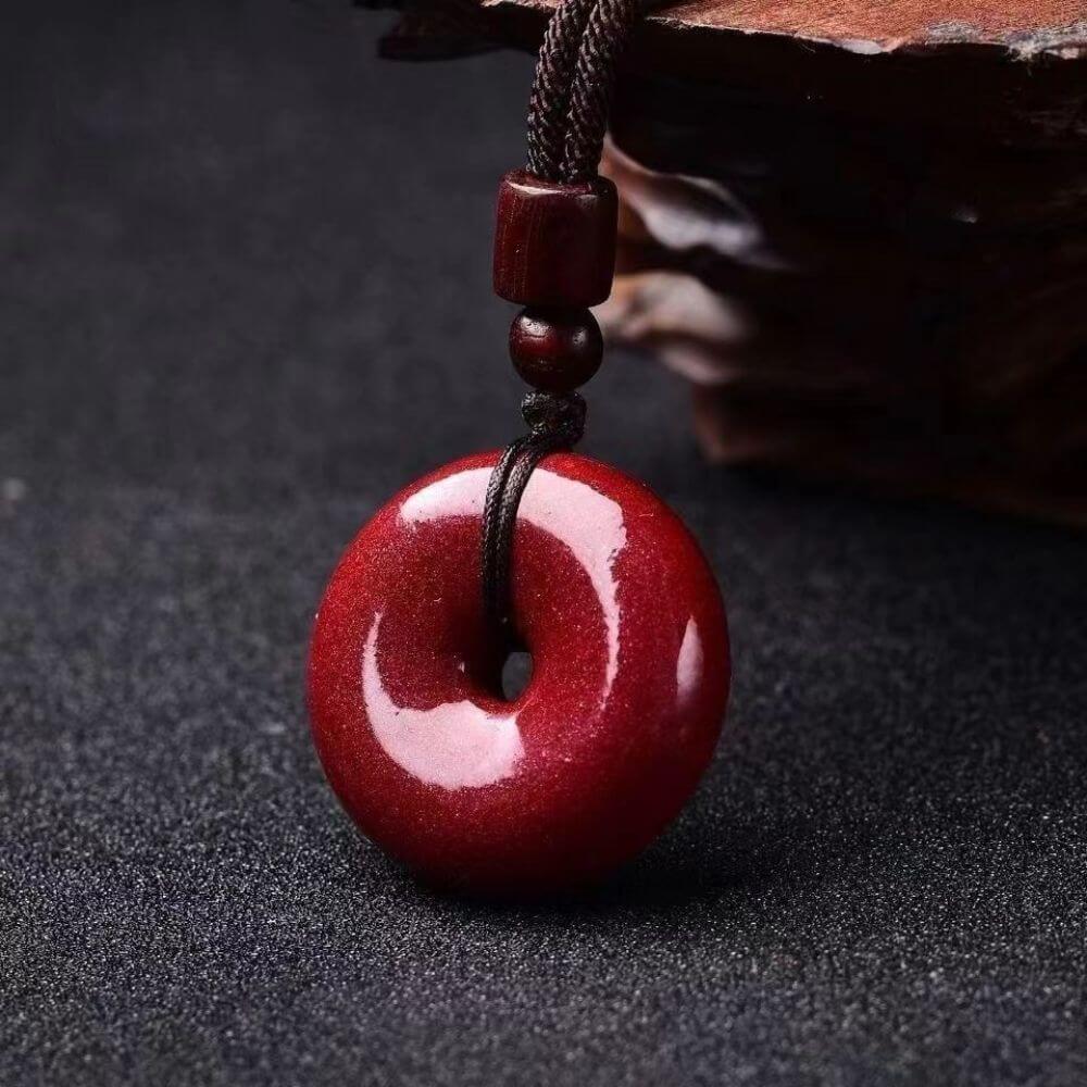 Cinnabar Peace Buckle Pendant "Ping An Kou" With Red Cord - Image 3